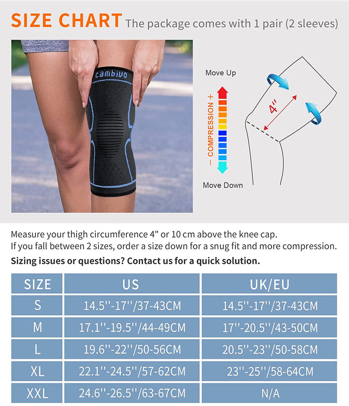CAMBIVO 2 Pack Knee Brace, Knee Compression Sleeve Support for Running,  Meniscus Tear, Arthritis, Joint Pain Relief, S-XXL 